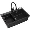CECIPA Lavello da cucina nero 70 x 45 x 20, con rubinetto estraibile e dispenser di sapone, lavello in granito con scarico e troppopieno, 1 lavello da cucina da incasso a partire da 80 cm di larghezza