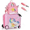 COSTWAY Valigia Cavalcabile per Bambini, 18 Valigia+ 12 Zaino,2 Pezzi, Trolley Bambini Bagaglio a Mano con Ruote Girevoli e Maniglia Retrattile, 2 Cingie Multiuso (Modello 5)
