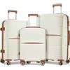 KONO Set Valigie PP - Trolley Bagaglio a Mano, Media e Grande con Blocco Aeroportuale e Ruote 360° Silenziose per Viaggi Business e Famiglia (Set di 3 Valigie, Crema/Marrone)