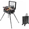 Ciounmb Valigetta per trucco, trolley, barbiere, illuminazione a LED, 3 colori con luminosità regolabile, presa a 2 corrente, specchio, valigetta per trucco con ruote, valigetta portatile per trucchi, Nero ,
