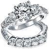 Bling Jewelry Art Deco Vintage Style Cubic Zirconia 3Ct Brilliant Cut Round Solitaire Three Stone Past Present Future Side Stones CZ Anniversary Engagement Ring Set Band For Women .925 Sterling Silver