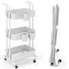 RELAX4LIFE Carrello di Stoccaggio Pieghevole a 3 Livelli, Carrello da Cucina con 3 Portabicchieri Appesi, 6 Ganci, Ruote Bloccabili, Carrello da Servizio per Cucina, Soggiorno, Sala da Pranzo