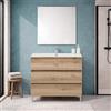 Inbagno Mobile Bagno A Terra 100 Cm Quercia Naturale Con 3 Cassetti Soft-Close, Lavabo In Ceramica E Specchio 70x90 Cm - Mobile Bagno Completo Linea Leda