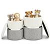 HOMASIS Set di 2 Pouf Contenitore Rotondo, Puff Poggiapiedi in Lino Bicolore, Sgabello Imbottito da Trucco con Coperchio Rimovibile per Salotto, Camera da Letto, Ingresso, Portata di 150 kg (Grigio)