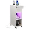 ChromaCasa Comodino Stretto con Illuminazione a RGB LED e Stazione di Ricarica, 1 AC 2 USB Comodini con 2 Scomparti Aperti e 1 Ripiano Estraibile, 4 Rotelle, Soggiorno Studio, Moderno Bianco 25cm
