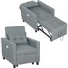 HOMCOM Poltrona Letto Singolo 3 in 1 con Schienale Reclinabile su 3 Livelli, 2 Ruote, Cuscino, Divano Letto Singolo Pieghevole in Tessuto Effetto Lino e Legno, 69x82x85cm, Grigio Chiaro