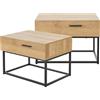 [en.casa] Set da 2 Comodini con Cassetto Tavolino Basso da Divano 39 x 55 x 40 cm Mobiletti con Piedistallo in Metallo - Nero/Effetto Rovere