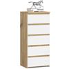 AKORD | Cassettiera a 5 Cassetti | Credenza Alta | Moderna Mobiletto per Soggiorno Sala da Pranzo Camera da Letto Corridoio Bagno | Armadio Cameretta | 35x40x92 cm | Rovere Artigianale | Bianco