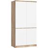 AKORD Armadio Guardaroba S90, 4 Ante, 4 Ripiani e Asta Appendiabiti, Mobile per Camera da Letto e Ufficio, Laminato, 90x51x180 cm, Rovere Sonoma & Bianco
