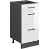 Vicco Mobiletto base per cucina R-Line, Bianco lucido/Antracite 40 cm | 3 Cassetti · Senza piano di lavoro · Piedini regolabili in altezza · ✓ Facile accesso · ✓ Liberamente combinabile