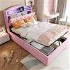 Ymkua Letto Imbottito per Bambini 90x200 cm, Letto Singolo con LED e USB Typ-C Porta, Bed frame con Contenitore Testata e Rete a Doghe, Sistema Stoccaggio Idraulico, Velluto Senza Materasso (Rosa)