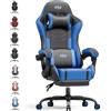 HLFURNIEU Sedia Gaming Massaggiante, Poltrona Gaming con Poggiapiedi e Cuscino Lombare Massaggiante, Sedia Gamer Regolabile in altezza, Schienale Regolabile 90°-135°, Portata 150kg (Nero e Blu)