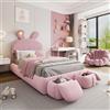 HOXINBLY Letto Singolo 90x200 con LED e 2 Sgabelli Contenitore, Letto imbottito con Testiera e Vano Portaoggetti, Bambini con Rete a Doghe Struttura in Velluto, Rosa