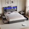 BIYFSDS Letto 140x200 con Rete a Doghe LED e USB, Letto Matrimoniale Imbottito 140x200 cm con 2 Cassetti e Testiera con Vano Portaoggetti, Struttura del Letto Capitonné Letto Funzionale per Adulti e