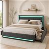 BLSYHDH Letto con contenitore 180x200 con LED, letto imbottito con 4 cassetti, letto imbottito con porte di ricarica USB e Type-C sul comodino, letto matrimoniale imbottito per 2 persone (Grigio scuro+lino