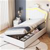 KOMHTOM Letto Princess 90 x 200 con contenitore idraulico, letto imbottito a LED con testiera regolabile in altezza letto singolo con ripostiglio (bianco, materasso non incluso)