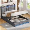 AONYAYBM Letto a molle 140 x 190 cm, con cassetta, letto matrimoniale imbottito con LED e USB, letto per ragazzi 140 x 190 cm, con testiera contenitore, struttura del letto con rete a doghe, letto per