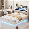 Autheria Letto Matrimoniale 140x200 cm con LED e USB, Letto una piazza e mezza con Spazio SullaTestiera e vano Portaoggetti, Letto Imbottito con rete a doghe, Struttura Letto Matrimoniale Beige