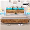 Brinlawb Struttura Letto Matrimoniale 160x200 cm con Luce LED e Stazione di Ricarica (2 Prese CA, 2 Porte USB) Struttura Letto 160x200 cm con struttura in metallo, Facile da montare, Moderno, Marrone