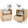 COSTWAY Set di 2 Comodini da Camera da Letto, Comodini in Bambù e Rattan con Piano in Vetro e Cassetto, Comò Salvaspazio per Salotto e Soggiorno, 43 x 35 x 50 cm (2, Naturale)