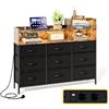 IRONCK Cassettiera con luce LED e stazione di ricarica, 9 cassetti in tessuto e 3 cassetti con ripiani aperti, moderna organizer per camera da letto, soggiorno, corridoio, armadio, Marrone E Nero