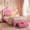 JiaOyu Letto imbottito 90 x 200 cm con luci e cassetti, lussuoso letto singolo a LED, imbottito per bambini, a forma di corona, ideale per adulti e ragazzi, senza materasso (Rosa + cassetti, 90 x 200 cm)