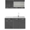Vicco Cucina monoblocco R-Line, Antracite lucido, 140 cm | 4 Moduli · Piedini regolabili in altezza · Piano di lavoro incl. · Ante robuste · Con mobile vetrina