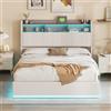WOBOPCG Letto Matrimoniale 140x200 con Contenitore, Letto Imbottito 140x200 con LED e Ricarica USB Letto con Contenitore una Piazza e Mezza Struttura Letto Matrimoniale con Doghe e Testiera (Bianco, Flanella)