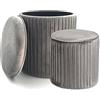 Norbe | TIK-TAK Set 2 Pouf Contenitore Velluto | Poggiapiedi Salotto | Cilindro Impilabile | Sgabello a Coste Camera da Letto | Grigio