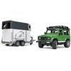 bruder 02592 - Land Rover Defender con rimorchio per cavalli, 1 cavallo, veicolo fuoristrada, jeep, veicolo fuoristrada, fattoria di cavalli