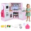 HOMASIS Cucina Angolare per Bambini in Legno, Cucina Giocattolo con Luci, Suoni e Vapore, Lavello, Fornello, Forno, Macchina del Ghiaccio, Frigorifero, Lavagna, per Bambini da 3+ Anni (Rosa)