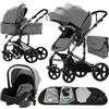 Nine point nine Trio Passeggino Neonati, Passeggino 3 in 1 con Doppia Modalità Spinta Reversibile, Carrozzina per Neonati con Grande Nacelle, Passeggino Trio con Telaio in Alluminio (588 Grey)