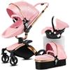 Dziranam Passeggino 3in1 in pelle PU rotabile 360° con modalità culla | Pieghevole con un clic & Convertibilità da neonato a toddler(Rosa)