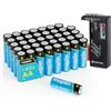 Maplin 40 batterie alcaline AA LR6 da 1,5 V, durata di 10 anni, ad alte prestazioni, con tester universale per batterie