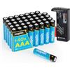 Maplin 40 batterie alcaline AAA LR03 da 1,5 V (tripla A), durata di 10 anni, ad alte prestazioni, con tester universale per batterie