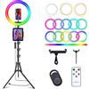 Herrfilk Anello luminoso per selfie da 25,4 cm, con supporto per treppiede da 160 cm e 3 supporti per telefono, luce ad anello per fotocamera a LED con 48 modalità di colori RGB e modalità ritmo musicale e 12