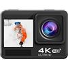 BINGNU Action Camera con stabilizzazione dell'immagine, Action Camera 4K 60FPS Telecamere 24MP 2.0 Touch LCD 4X EIS Dual Screen Telecomando impermeabile Webcam Videoregistratore sportivo Alta frequenza dei f