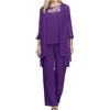 Goolecrimp Tuta Da Donna Set 3 Pezzi In Chiffon Incluso Canotta 7 Maniche Cardigan Pantaloni Lunghi Abito Da Sposa Mamma Donna Elegante Pantaloni In Pizzo A Girocollo Viola XXL