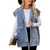 Generisch Gilet Jeans Oversize Donna Senza Maniche Collo a Revers Medio Giacca Ampia con Bottoni e Cappuccio Staccabile