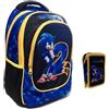 PRESTIGE & DELUXE Zaino Scuola tondo Sonic Face faccia + astuccio 3 piani completo + omaggio orologio digitale Sonic con set scrittura e penna colorata