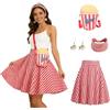 Generico Costume da popcorn per donna, set da 3 pezzi con gonna a pieghe a righe rosse e bianche, orecchini e fascia per capelli a forma di popcorn, costume da carnevale retrò anni '50 per Martedì Grasso