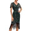 Generic Vestito anni '20 da donna Gatsby vestiti anni 1920 da donna verde oro vestito con frange da donna danza abito Flapper corto costume Charleston vestito con paillettes maniche corte frange Carnevale
