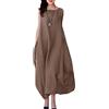 ORANDESIGNE Abiti Lungo Donna Senza Maniche in Cotone e Lino Midi Vestiti Girocollo Tinta Unita Casual Abito Caftano Boho Allentato Vestito Spiaggia Abito Estivo Bikini Cover Up A Marrone M