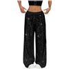 EMUKFD, Pantaloni da donna con paillettes, a gamba larga, con vita elastica, casual, scintillanti, joggers, glitter, lucidi, per carnevale, festa in discoteca, rave, pantaloni, Nero , M