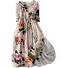 Generic Abito Di Lino Estate Delle Donne Manica Corta Abito Estivo Abiti Di Lino Midi Donne Cotone Lino Abito Casual Abiti Da Spiaggia Abito A-Line Vestiti Stampa Floreale Elegante Vestito Con Cintura Bottoni