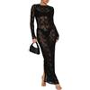 Luckinbaby Vestito lungo da donna con pizzo floreale, maniche lunghe, trasparente, in rete, vestito maxi sexy da sera, per feste in spiaggia, abito coprente, nero, S