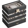 SONGMICS Scatola Portagioie con 4 Vassoi Impilabili, Porta Gioielli Capiente, Coperchio in Vetro Chiaro, 17 x 28 x 18,3 cm, per Cassetto Toeletta, Idea Regalo, Nero Inchiostro JBC164B01