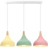 iDEGU 3 Luci Lampadario a Sospensione Retrò LED Lampada a Soffitto in Legna Metallo Moderna Lampada a Sospensione Stile Scandinavo Plafoniera per Sala da Pranzo Soggiorno (Verde+Rosa+Giallo, Barra)