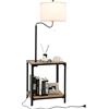 COSTWAY Lampada da Terra in Metallo e Legno, Lampada da Lettura con Tavolino, Mensola e Porta USB, Lampada Ruotabile di 360° per Camera da letto e Salotto