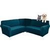 SHUOJIA Copridivano in velluto a forma di L, a 5/7 posti, copridivano angolare super elastico 3 pezzi, per Divano Componibile Fodera Protezione per Mobili con Fondo Elastiche (Deep Water Blue,5-seater)